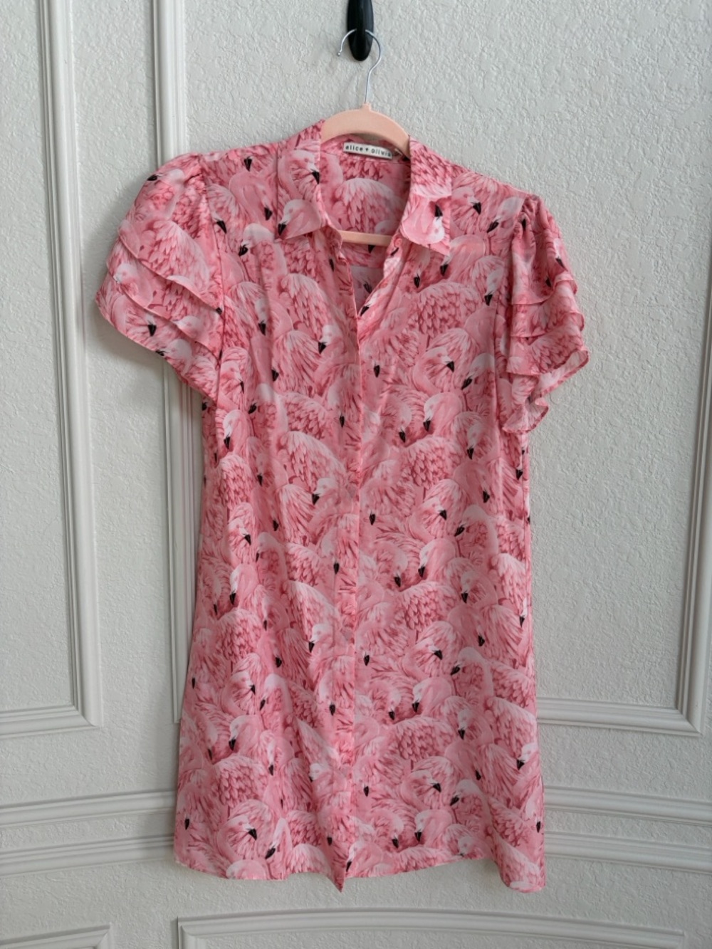 Alice + Olivia Pink Flamingo Print Mini Shirt Dress - Picture 3 of 9